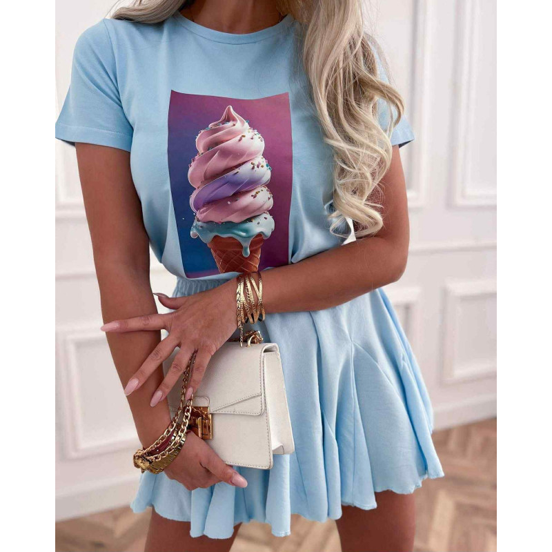 BLUZKA Z KOLOROWYM NADRUKIEM NIEBIESKA