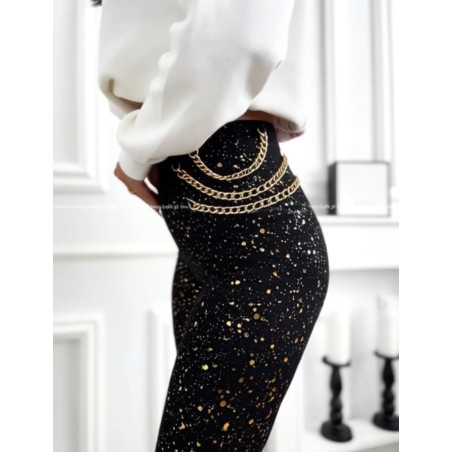 LEGGINSY WELUROWE ZE ZŁOTYMI DODATKAMI IN ŁAŃCUSZKAMI CZARNE