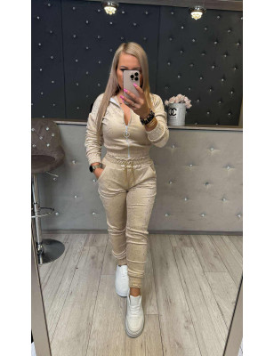 WELUROWY KOMPLET BLUZA + SPODNIE ZE ŚCIAGACZEM BEŻOWY