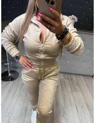 WELUROWY KOMPLET BLUZA + SPODNIE ZE ŚCIAGACZEM BEŻOWY