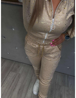 WELUROWY KOMPLET BLUZA + SPODNIE ZE ŚCIAGACZEM BEŻOWY
