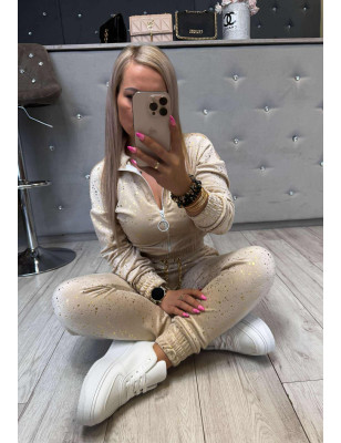 WELUROWY KOMPLET BLUZA + SPODNIE ZE ŚCIAGACZEM BEŻOWY