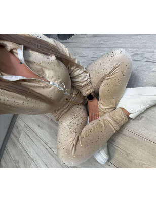 WELUROWY KOMPLET BLUZA + SPODNIE ZE ŚCIAGACZEM BEŻOWY
