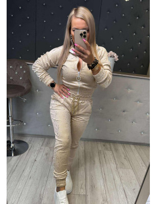 WELUROWY KOMPLET BLUZA + SPODNIE ZE ŚCIAGACZEM BEŻOWY