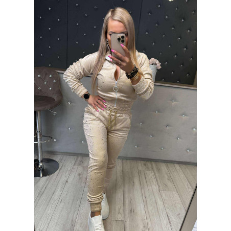 WELUROWY KOMPLET BLUZA + SPODNIE ZE ŚCIAGACZEM BEŻOWY