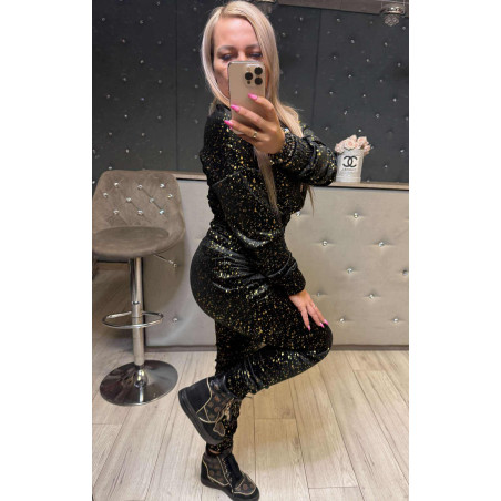 WELUROWY KOMPLET BLUZA + SPODNIE ZE ŚCIAGACZEM CZARNY