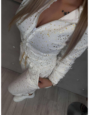 WELUROWY KOMPLET BLUZA + SPODNIE ZE ŚCIAGACZEM BIAŁY