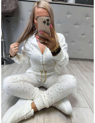WELUROWY KOMPLET BLUZA + SPODNIE ZE ŚCIAGACZEM BIAŁY
