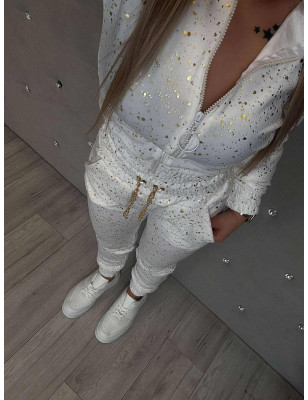 WELUROWY KOMPLET BLUZA + SPODNIE ZE ŚCIAGACZEM BIAŁY