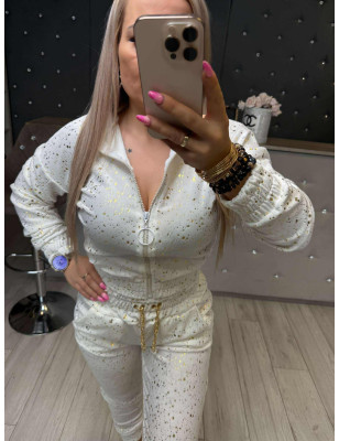 WELUROWY KOMPLET BLUZA + SPODNIE ZE ŚCIAGACZEM BIAŁY