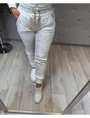 WELUROWY KOMPLET BLUZA + SPODNIE ZE ŚCIAGACZEM BIAŁY