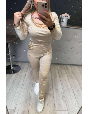WELUROWY KOMPLET BLUZKA Z ŁAŃCUSZKIEM + LEGGINSY BEŻOWY