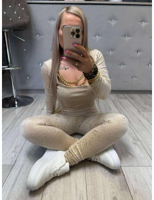 WELUROWY KOMPLET BLUZKA Z ŁAŃCUSZKIEM + LEGGINSY BEŻOWY