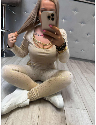 WELUROWY KOMPLET BLUZKA Z ŁAŃCUSZKIEM + LEGGINSY BEŻOWY