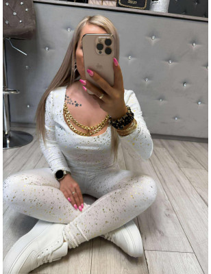 WELUROWY KOMPLET BLUZKA Z ŁAŃCUSZKIEM + LEGGINSY BIAŁY