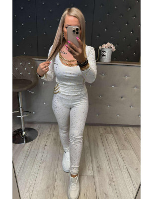 WELUROWY KOMPLET BLUZKA Z ŁAŃCUSZKIEM + LEGGINSY BIAŁY