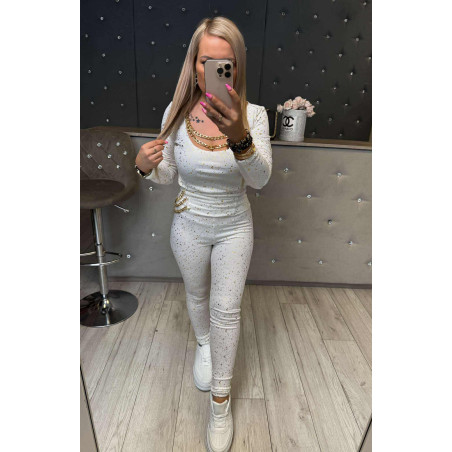 WELUROWY KOMPLET BLUZKA Z ŁAŃCUSZKIEM + LEGGINSY BIAŁY