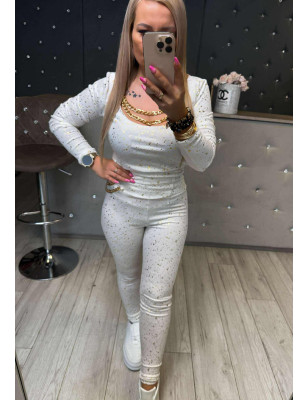 WELUROWY KOMPLET BLUZKA Z ŁAŃCUSZKIEM + LEGGINSY BIAŁY