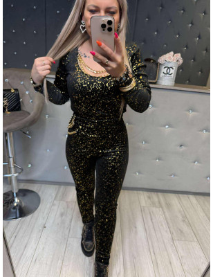 WELUROWY KOMPLET BLUZKA Z ŁAŃCUSZKIEM + LEGGINSY CZARNY