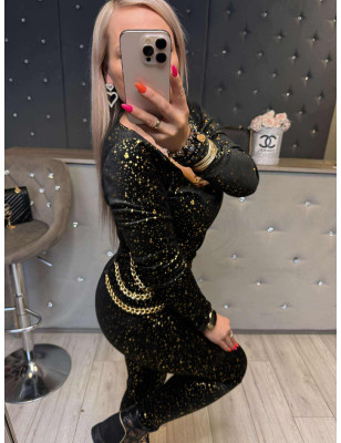 WELUROWY KOMPLET BLUZKA Z ŁAŃCUSZKIEM + LEGGINSY CZARNY