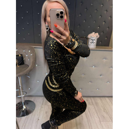 WELUROWY KOMPLET BLUZKA Z ŁAŃCUSZKIEM + LEGGINSY CZARNY