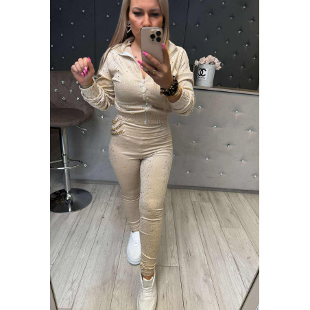 WELUROWY KOMPLET BLUZA ZE ŚCIĄGACZEM + LEGGINSY BEŻOWY