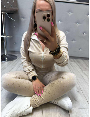 WELUROWY KOMPLET BLUZA ZE ŚCIĄGACZEM + LEGGINSY BEŻOWY
