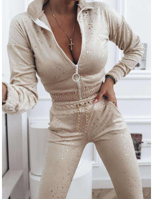WELUROWY KOMPLET BLUZA + SPODNIE ZE ŚCIAGACZEM BEŻOWY