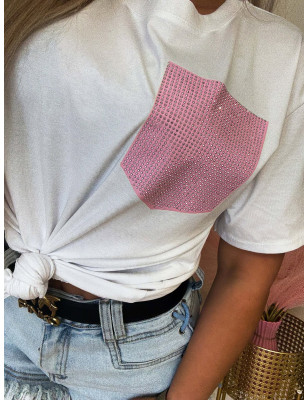 T-SHIRT BAWEŁNIANY Z KIESZONKĄ Z CYRKONIAMI RÓŻOWA