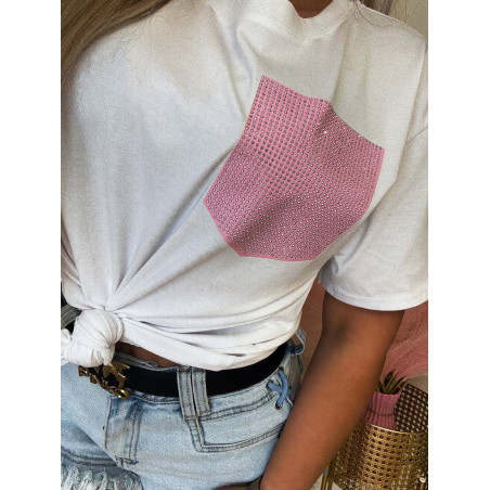 T-SHIRT BAWEŁNIANY Z KIESZONKĄ Z CYRKONIAMI RÓŻOWA