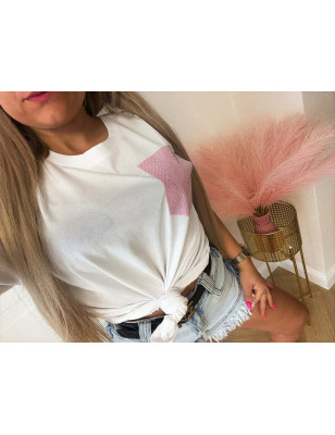 T-SHIRT BAWEŁNIANY Z KIESZONKĄ Z CYRKONIAMI RÓŻOWA