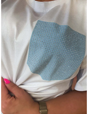 T-SHIRT BAWEŁNIANY Z KIESZONKĄ Z CYRKONIAMI NIEBIESKI