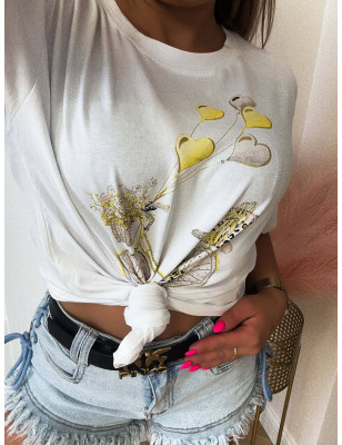 T-SHIRT BAWEŁNIANY Z NADRUKIEM ŻÓŁTYM