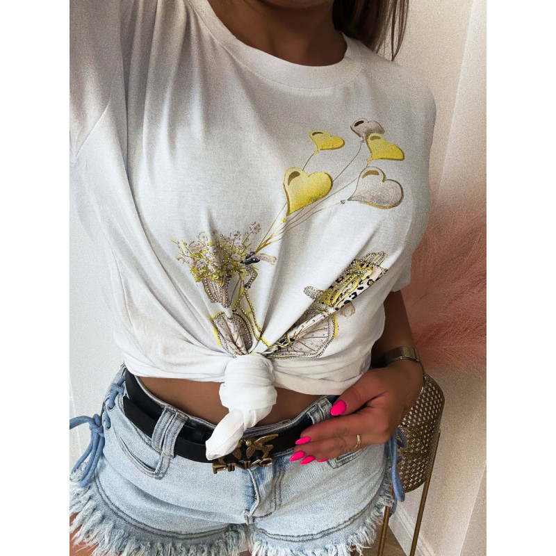 T-SHIRT BAWEŁNIANY Z NADRUKIEM ŻÓŁTYM