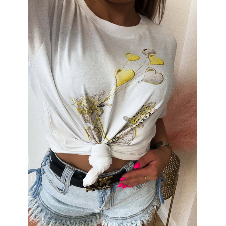 T-SHIRT BAWEŁNIANY Z NADRUKIEM ŻÓŁTYM