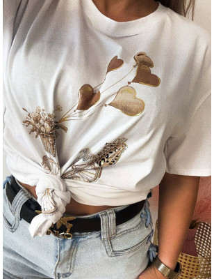 T-SHIRT BAWEŁNIANY Z NADRUKIEM BEŻOWYM
