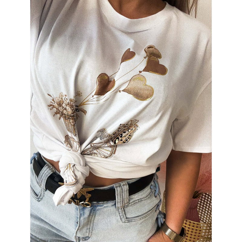 T-SHIRT BAWEŁNIANY Z NADRUKIEM BEŻOWYM
