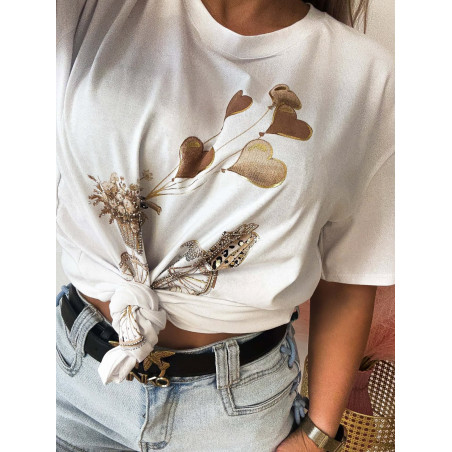 T-SHIRT BAWEŁNIANY Z NADRUKIEM BEŻOWYM