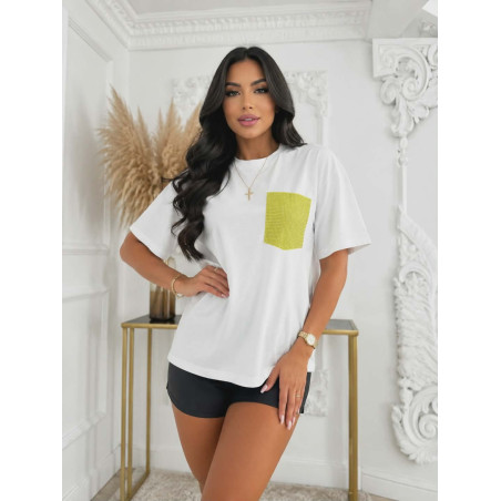 T-SHIRT BAWEŁNIANY Z KIESZONKĄ Z CYRKONIAMI ŻÓŁTY