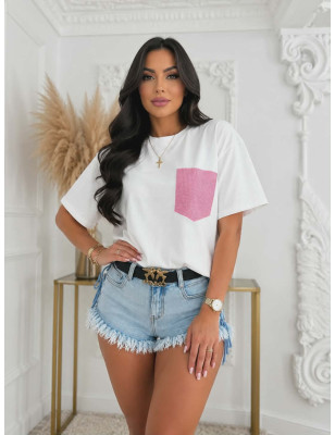 T-SHIRT BAWEŁNIANY Z KIESZONKĄ Z CYRKONIAMI RÓŻOWY
