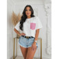 T-SHIRT BAWEŁNIANY Z KIESZONKĄ Z CYRKONIAMI RÓŻOWY