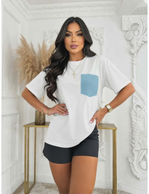 T-SHIRT BAWEŁNIANY Z KIESZONKĄ Z CYRKONIAMI NIEBIESKI