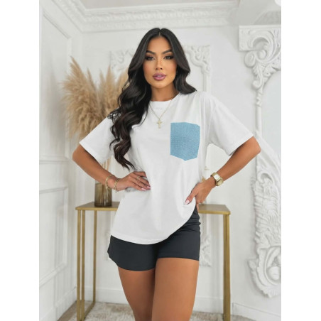 T-SHIRT BAWEŁNIANY Z KIESZONKĄ Z CYRKONIAMI NIEBIESKI