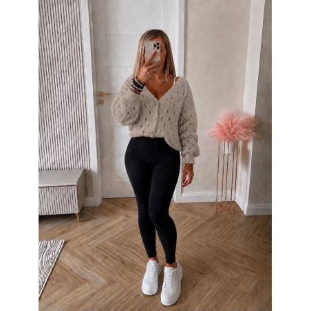 SWETER AŻURKOWY Z GUZICZKAMI CIEMNY BEŻ