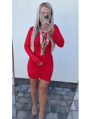 SUKIENKA Z MARSZCZENIAMI ZŁOTYMI DODATKAMI I KORONKĄ CZERWONA