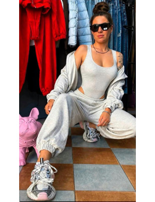 KOMPLET 3 CZĘŚCIOWY BAWEŁNA PENTELKOWA BODY+BLUZA+SPODNIE DRES SZARY