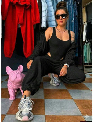 KOMPLET 3 CZĘŚCIOWY BAWEŁNA PENTELKOWA BODY+BLUZA+SPODNIE DRES CZARNY