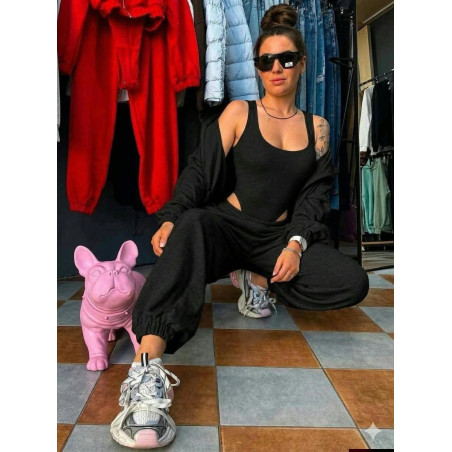 KOMPLET 3 CZĘŚCIOWY BAWEŁNA PENTELKOWA BODY+BLUZA+SPODNIE DRES CZARNY
